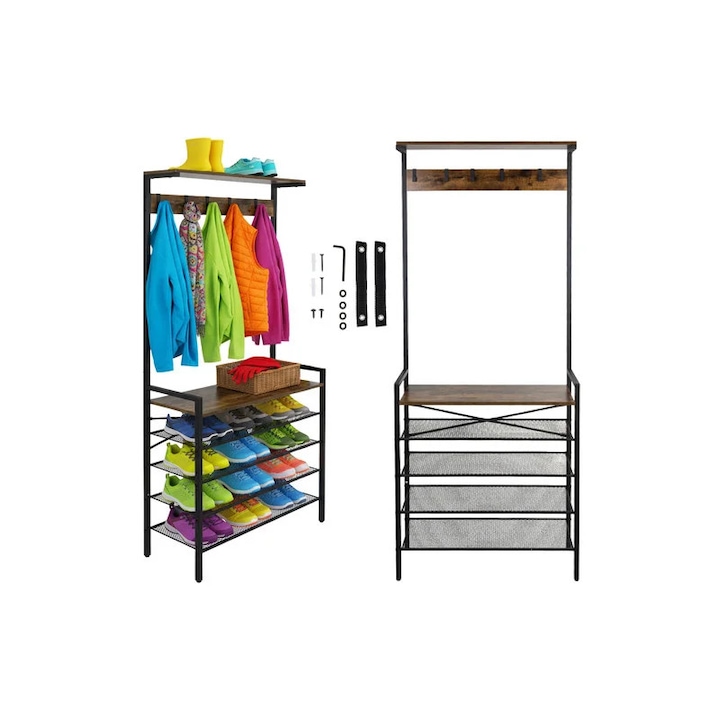 Függőleges tárolóállvány, 4 cipőtartó polc, ruhafogas, fémváz, MDF lap