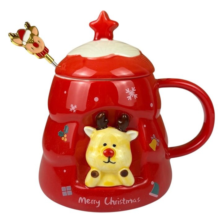 Коледна чаша "Дядо Коледа 3D" червена с капак и декорирана лъжичка, 480 мл