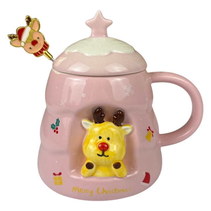 Розова коледна чаша "Дядо Коледа 3D" с капак и декорирана лъжица, 480 мл