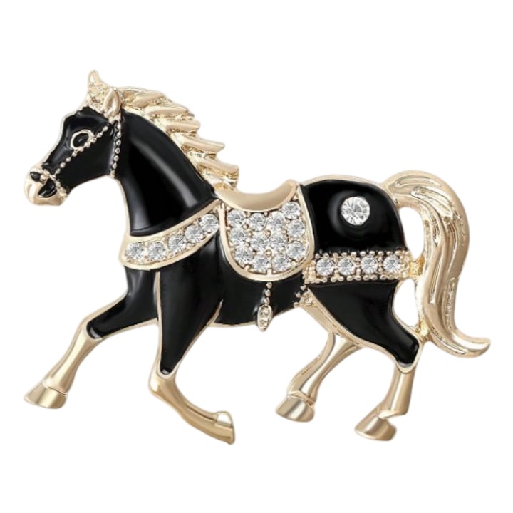 Brosa vintage in forma de Cal, decorata cu pietre, accesoriu rafinat, culoarea negru si auriu, theCasius.®