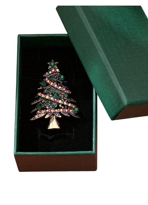 Brosa vintage in forma de Brad de Craciun, decorat cu pietre, cutie cadou, culoarea verde si auriu, theCasius.®