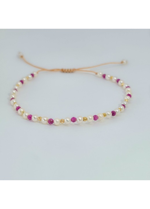 Bratara reglabila cu perle naturale, rubin si aur de 14k