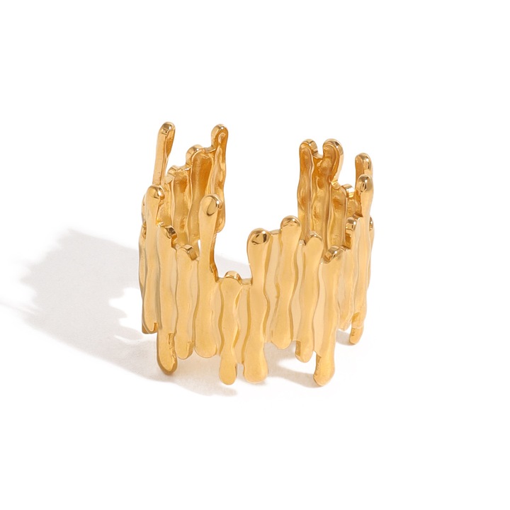 Inel minimalist cu design organic din otel inoxidabil, placat cu aur galben 18K, reglabil, diametru interior 1.72 cm