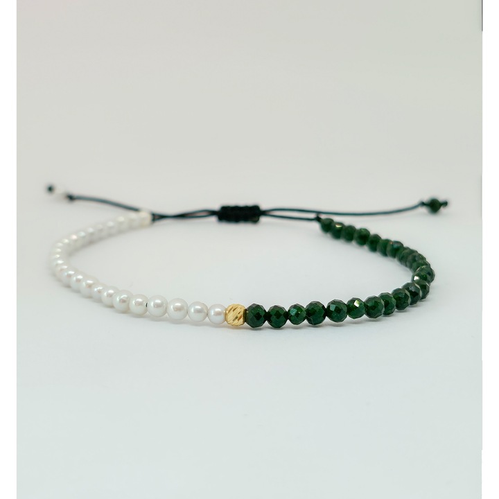 Bratara reglabila cu perle naturale, piatra soarelui verde si aur de 14k