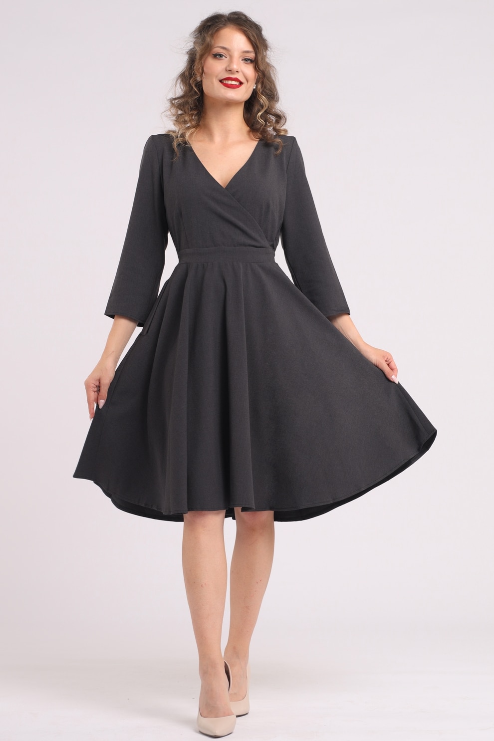 CAMISSI, Rochie midi cu croiala in A si buzunare, Gri antracit, S