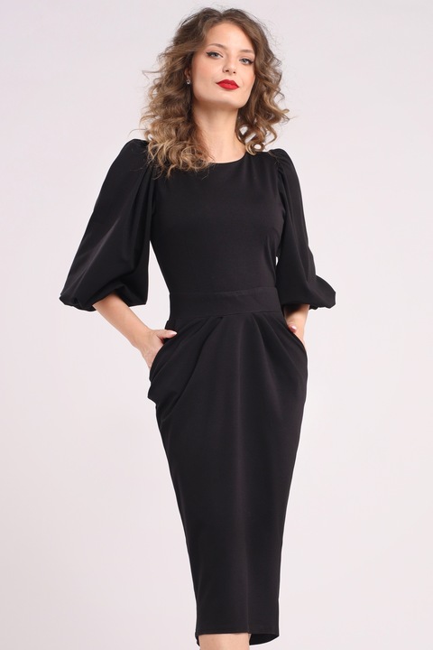 Camissi, Rochie cu croiala creion si maneci bufante, Negru, S-M