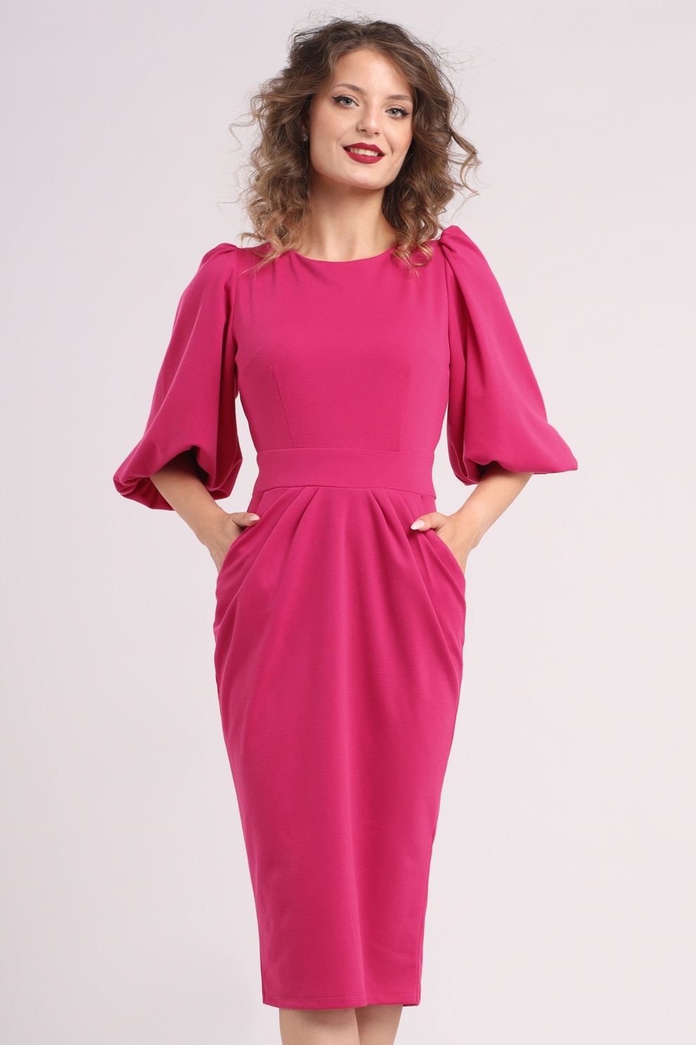 Camissi, Rochie cu croiala creion si maneci bufante, Fucsia, S-M