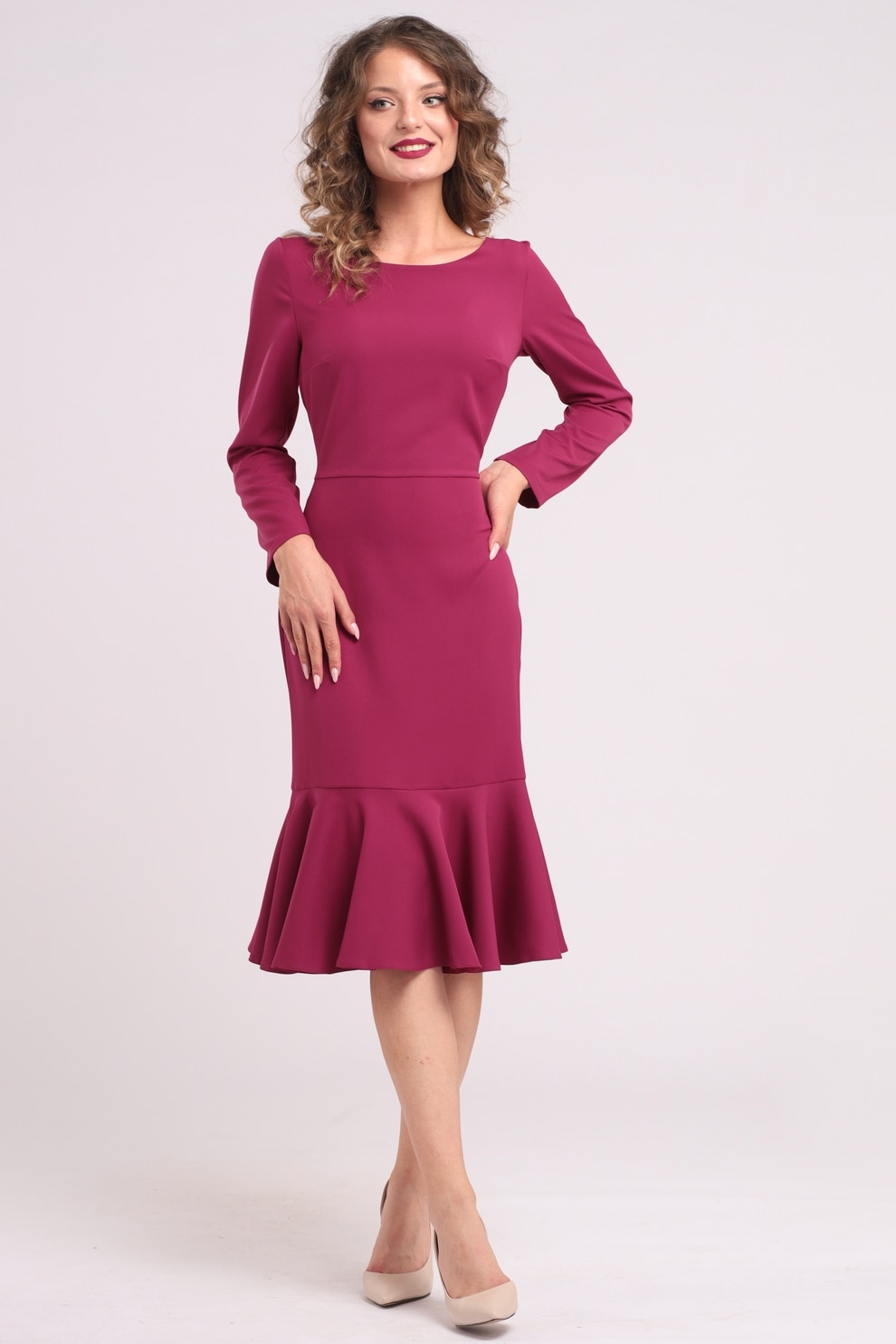 CAMISSI, Rochie midi cu terminatie cu volane, Roz zmeuriu, S