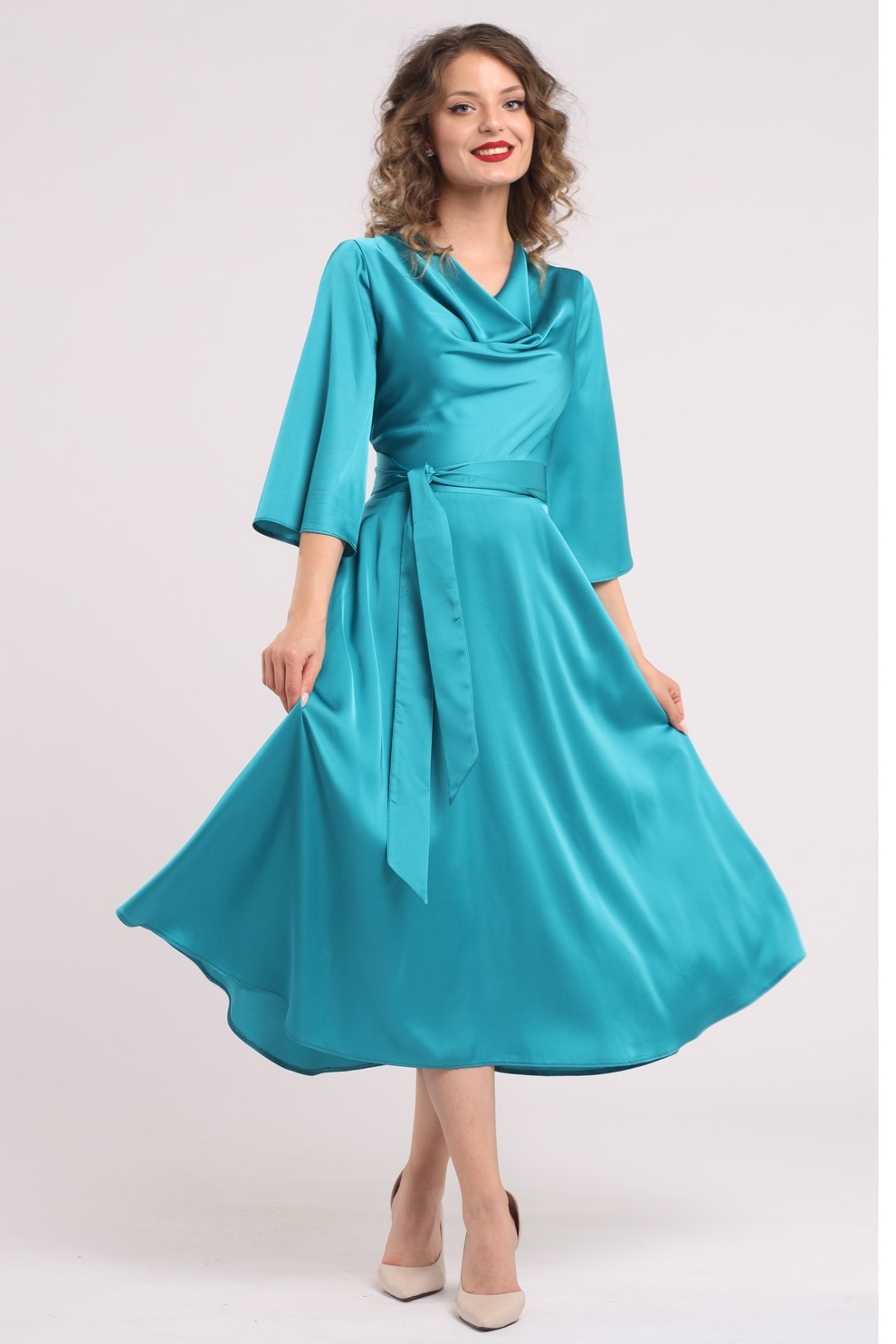 CAMISSI, Rochie din satin cu decolteu drapat, Turcoaz, S-M