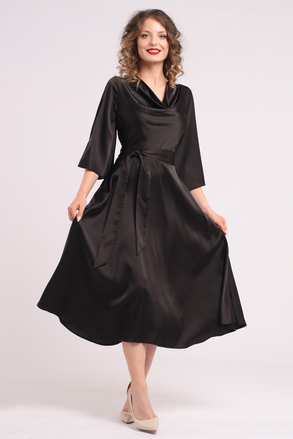 CAMISSI, Rochie din satin cu decolteu drapat, Negru, S-M