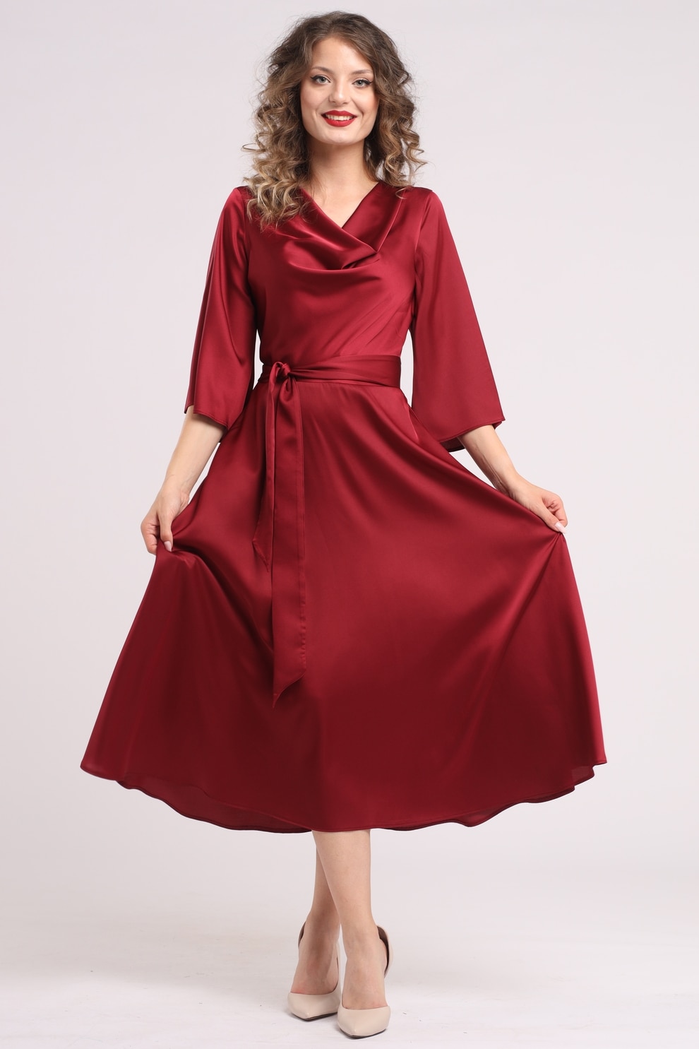 CAMISSI, Rochie din satin cu decolteu drapat, Visiniu, S-M