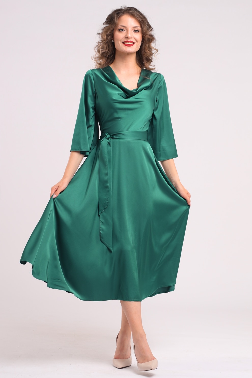 CAMISSI, Rochie din satin cu decolteu drapat, Verde, S-M