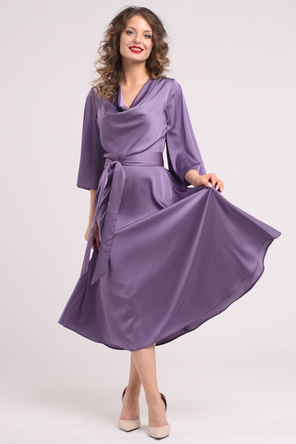 CAMISSI, Rochie din satin cu decolteu drapat, Violet prafuit, L-XL