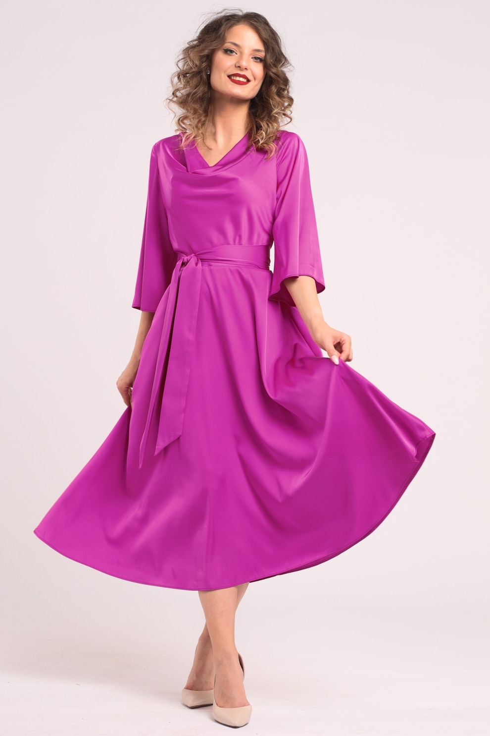 CAMISSI, Rochie din satin cu decolteu drapat, Fucsia, S-M