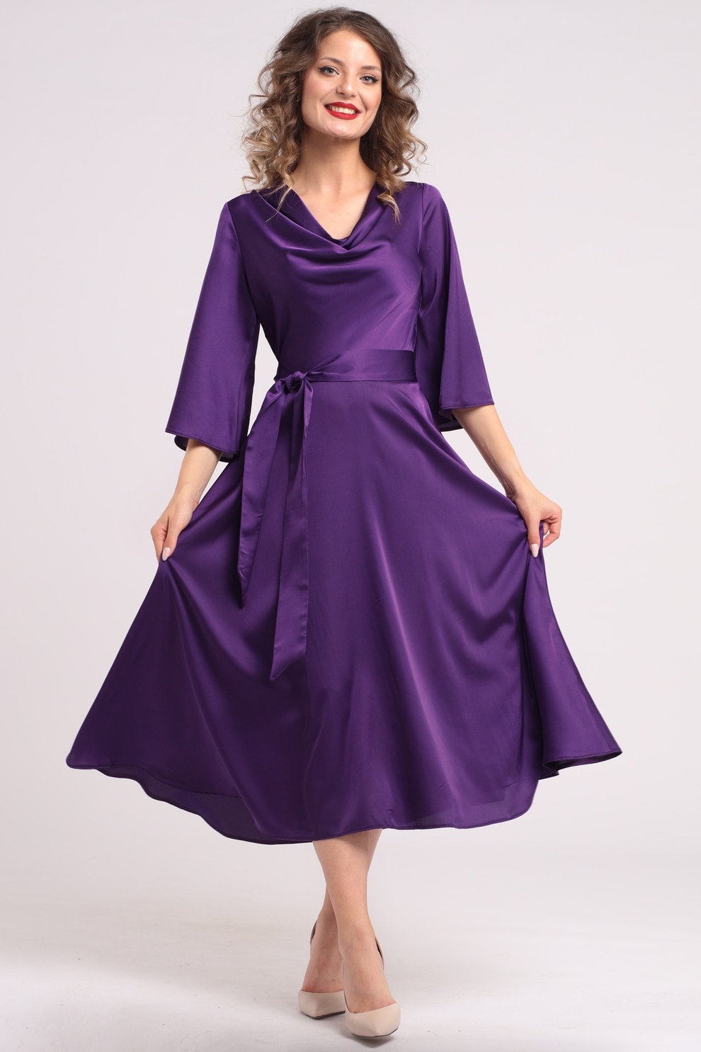 CAMISSI, Rochie din satin cu decolteu drapat, Violet, L-XL