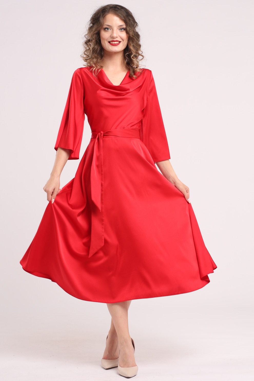 CAMISSI, Rochie din satin cu decolteu drapat, Rosu, S-M
