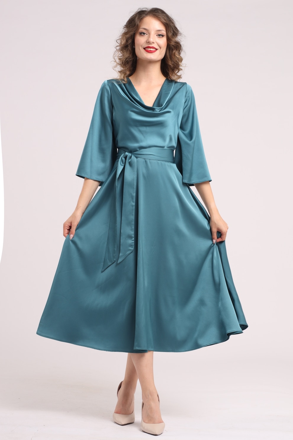 CAMISSI, Rochie din satin cu decolteu drapat, Verde persan, L-XL