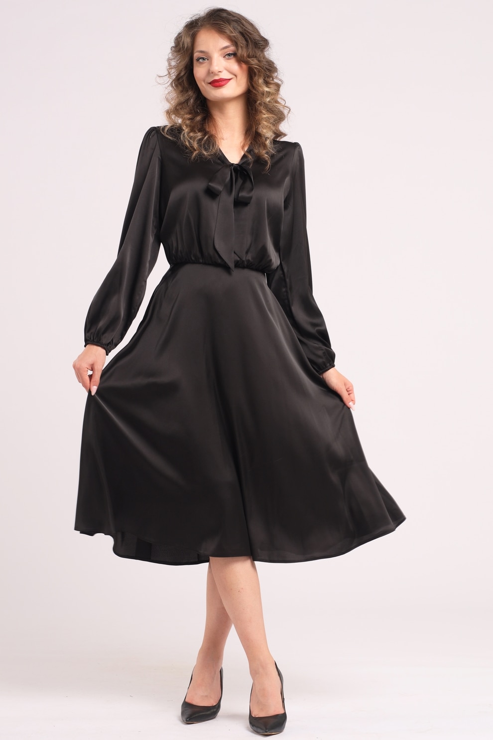 CAMISSI, Rochie din satin cu funda din panglici, Negru, L-XL