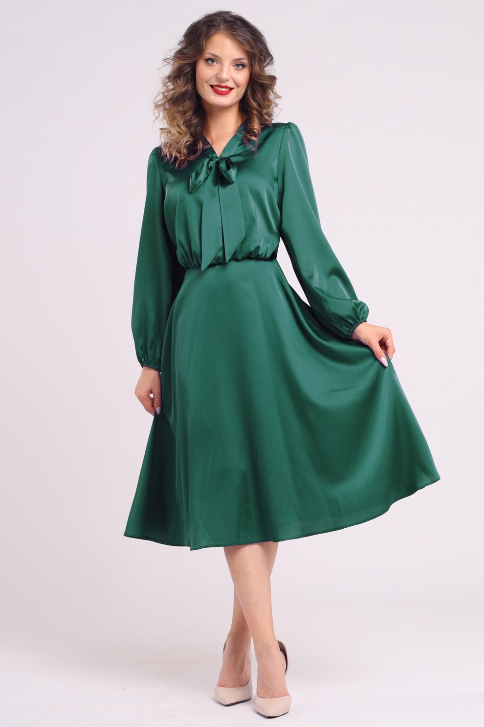 CAMISSI, Rochie din satin cu funda din panglici, Verde, S-M
