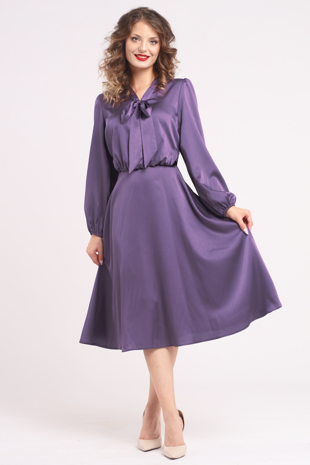 CAMISSI, Rochie din satin cu funda din panglici, Violet prafuit, L-XL