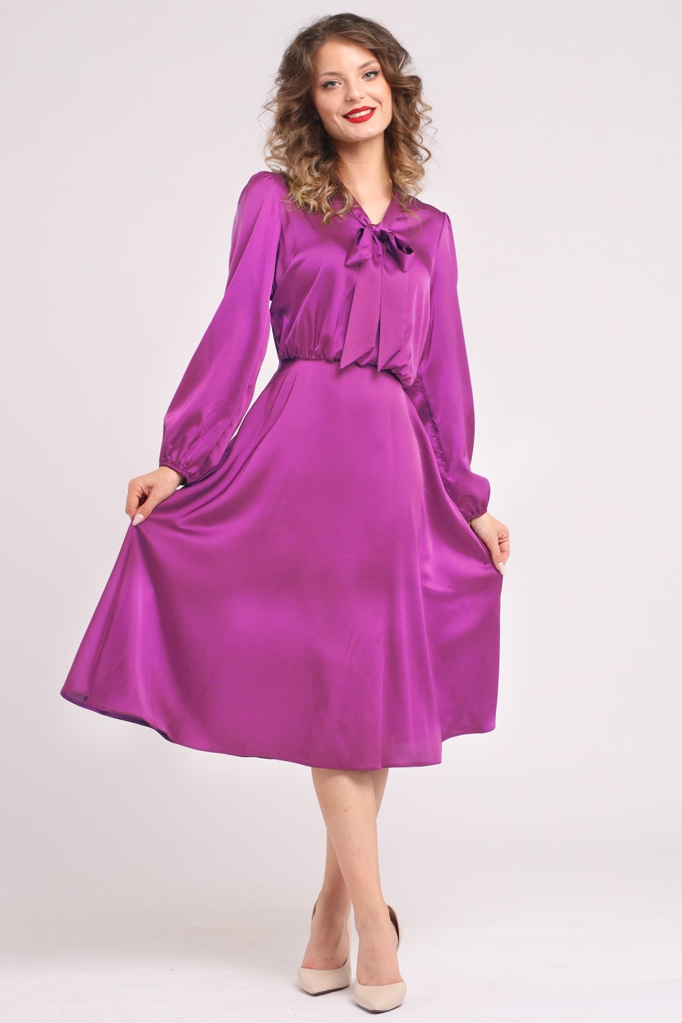 CAMISSI, Rochie din satin cu funda din panglici, Roz zmeuriu, S-M