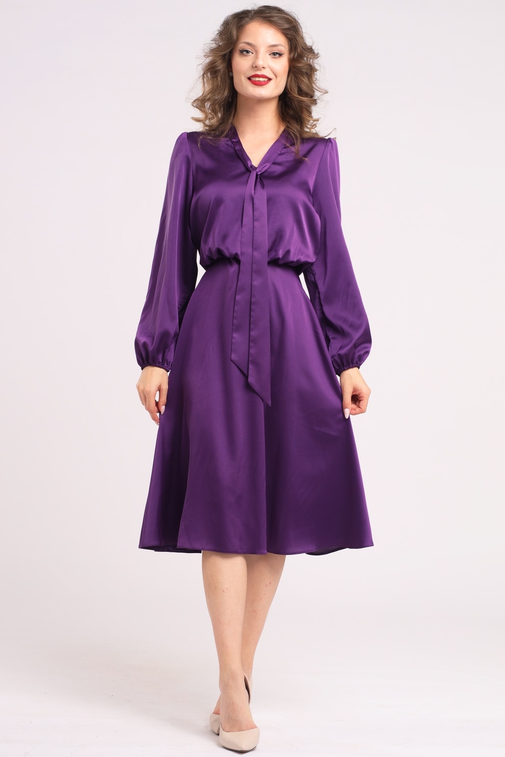 CAMISSI, Rochie din satin cu funda din panglici, Violet, L-XL