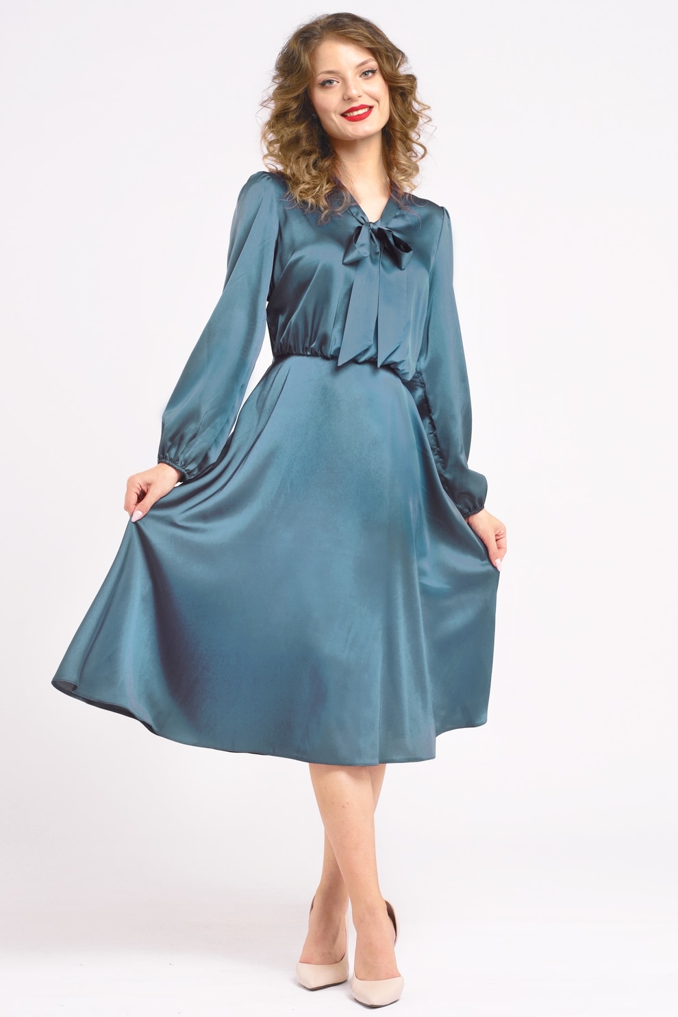 CAMISSI, Rochie din satin cu funda din panglici, Verde persan, L-XL