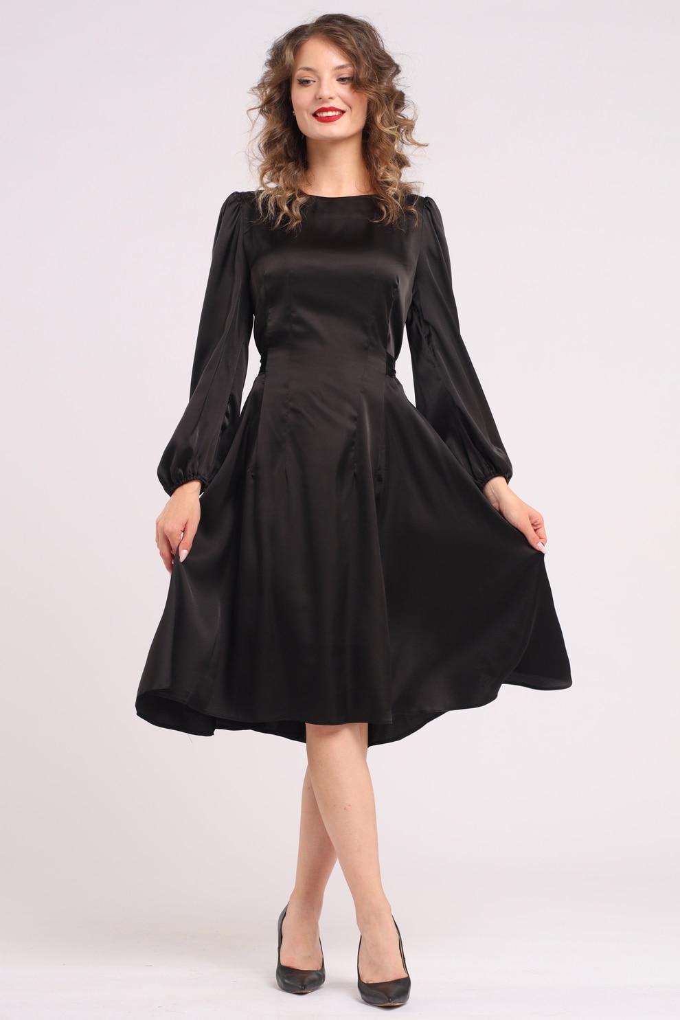 Camissi, Rochie midi din matase cu croiala evazata, Negru, S-M