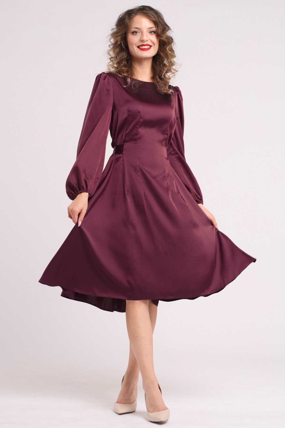 Camissi, Rochie midi din matase cu croiala evazata, Visiniu, L-XL