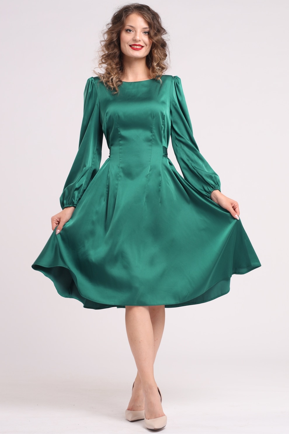 Camissi, Rochie midi din matase cu croiala evazata, Verde, S-M