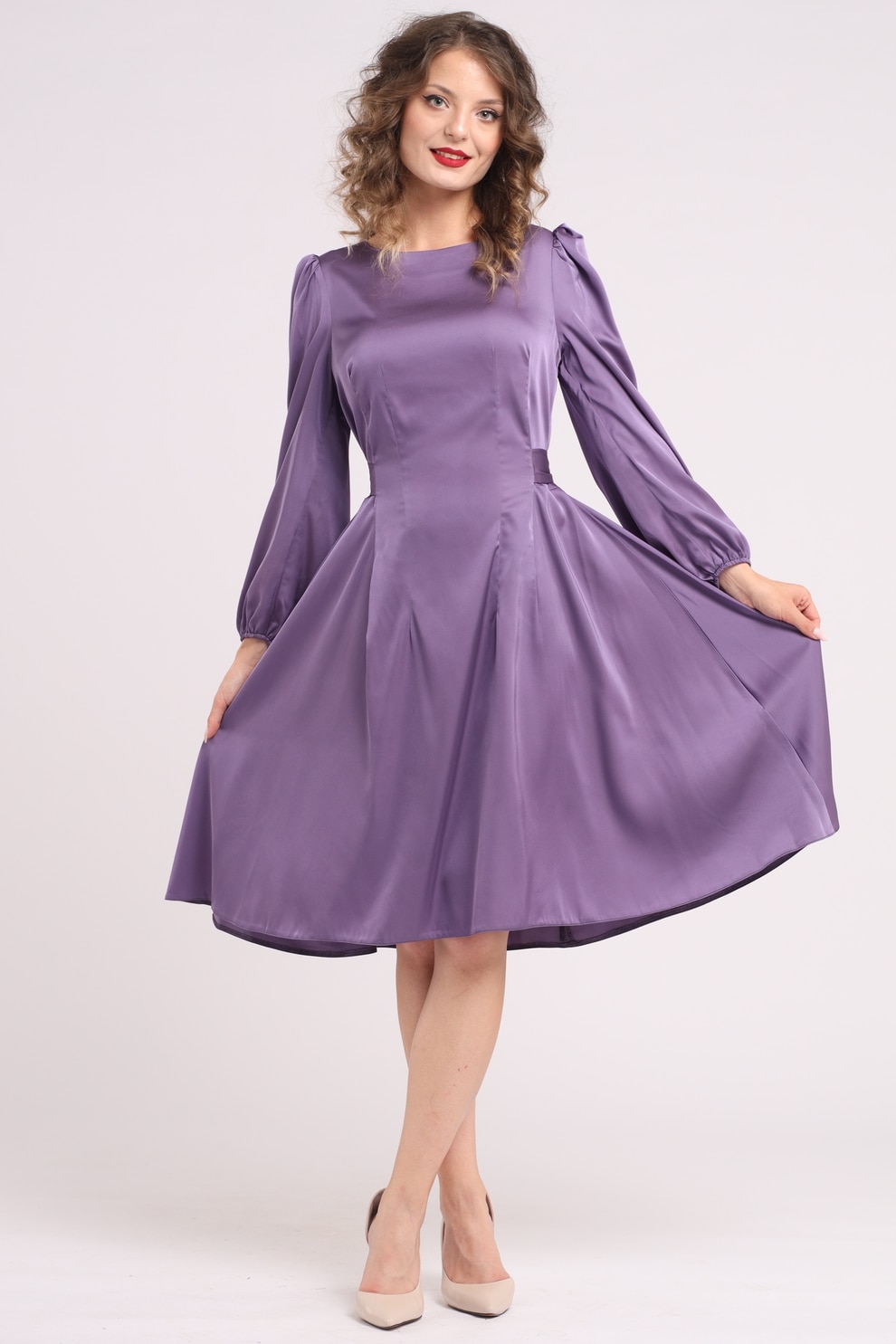 Camissi, Rochie midi din matase cu croiala evazata, Violet prafuit, S-M