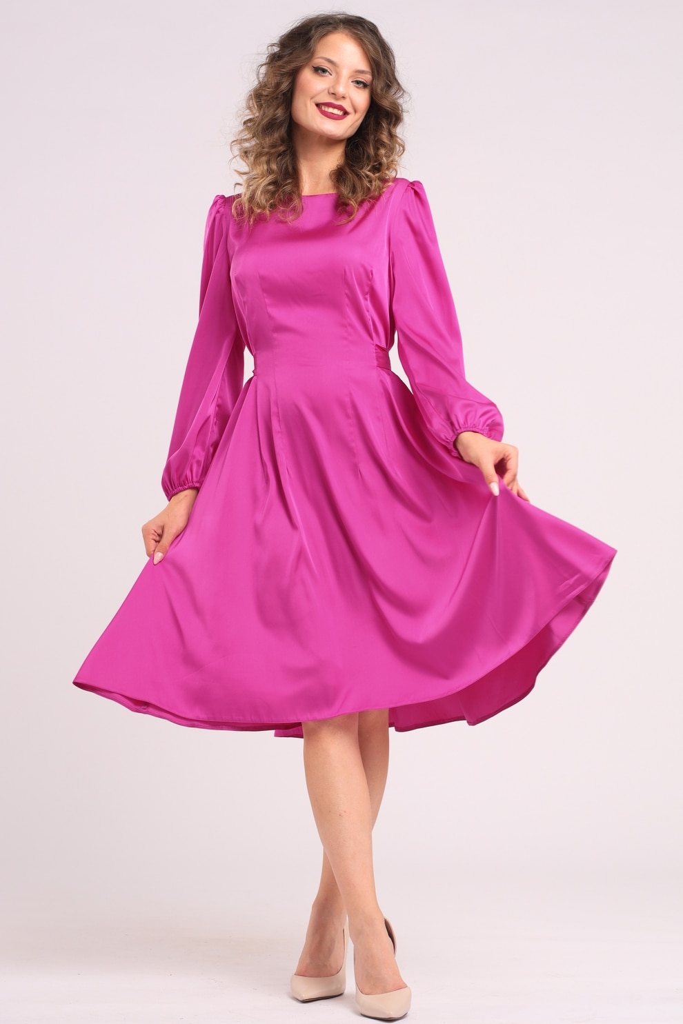 Camissi, Rochie midi din matase cu croiala evazata, Roz zmeuriu, L-XL