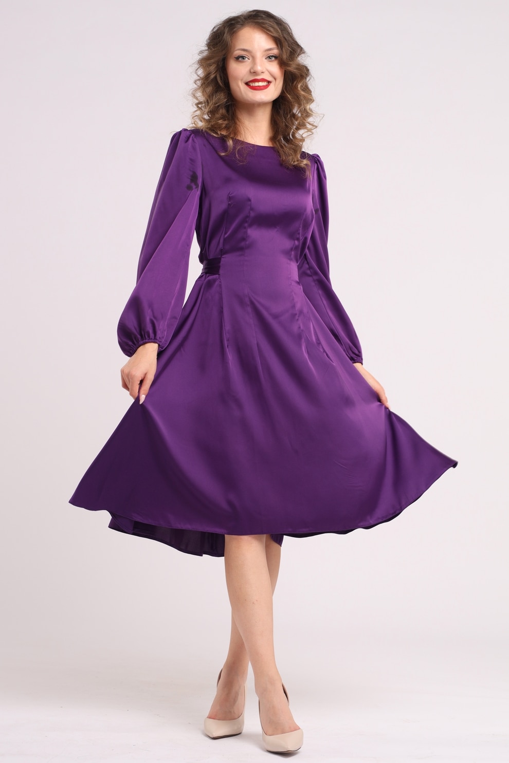 Camissi, Rochie midi din matase cu croiala evazata, Violet, L-XL