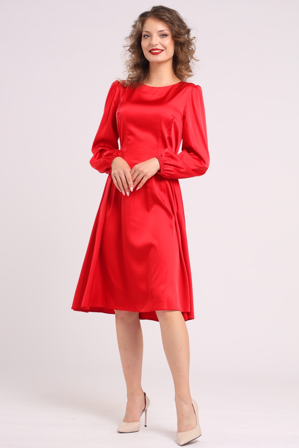 Camissi, Rochie midi din matase cu croiala evazata, Rosu vermillion, S-M