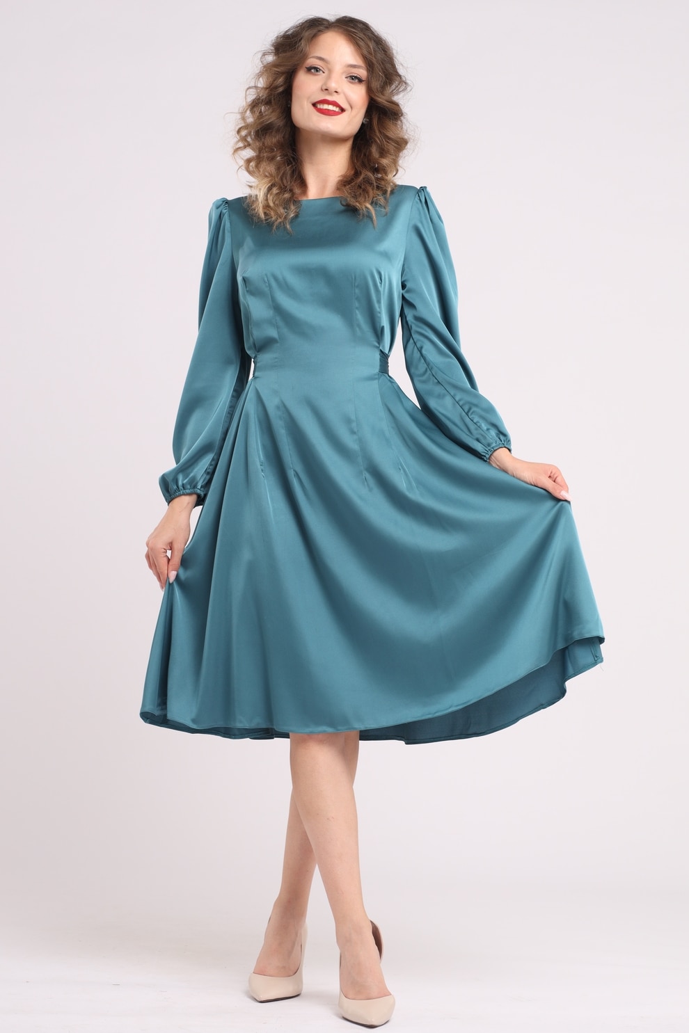 Camissi, Rochie midi din matase cu croiala evazata, Albastru petrol, L-XL