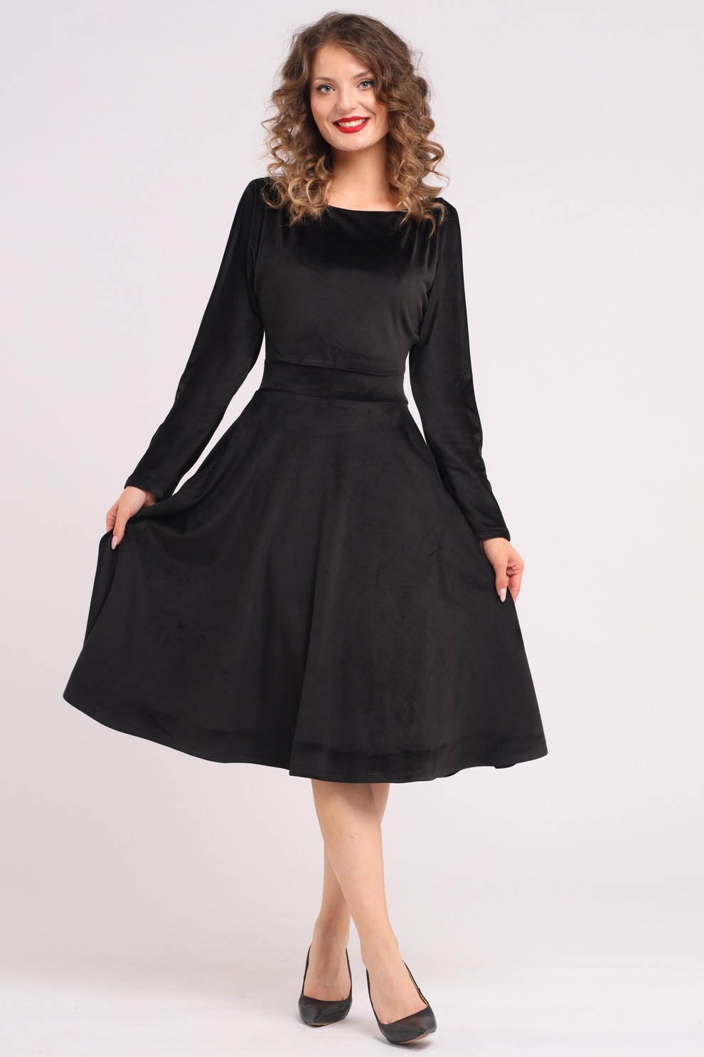 Camissi, Rochie midi cu aspect de catifea, croiala evazata si buzunare laterale, Negru, S-M