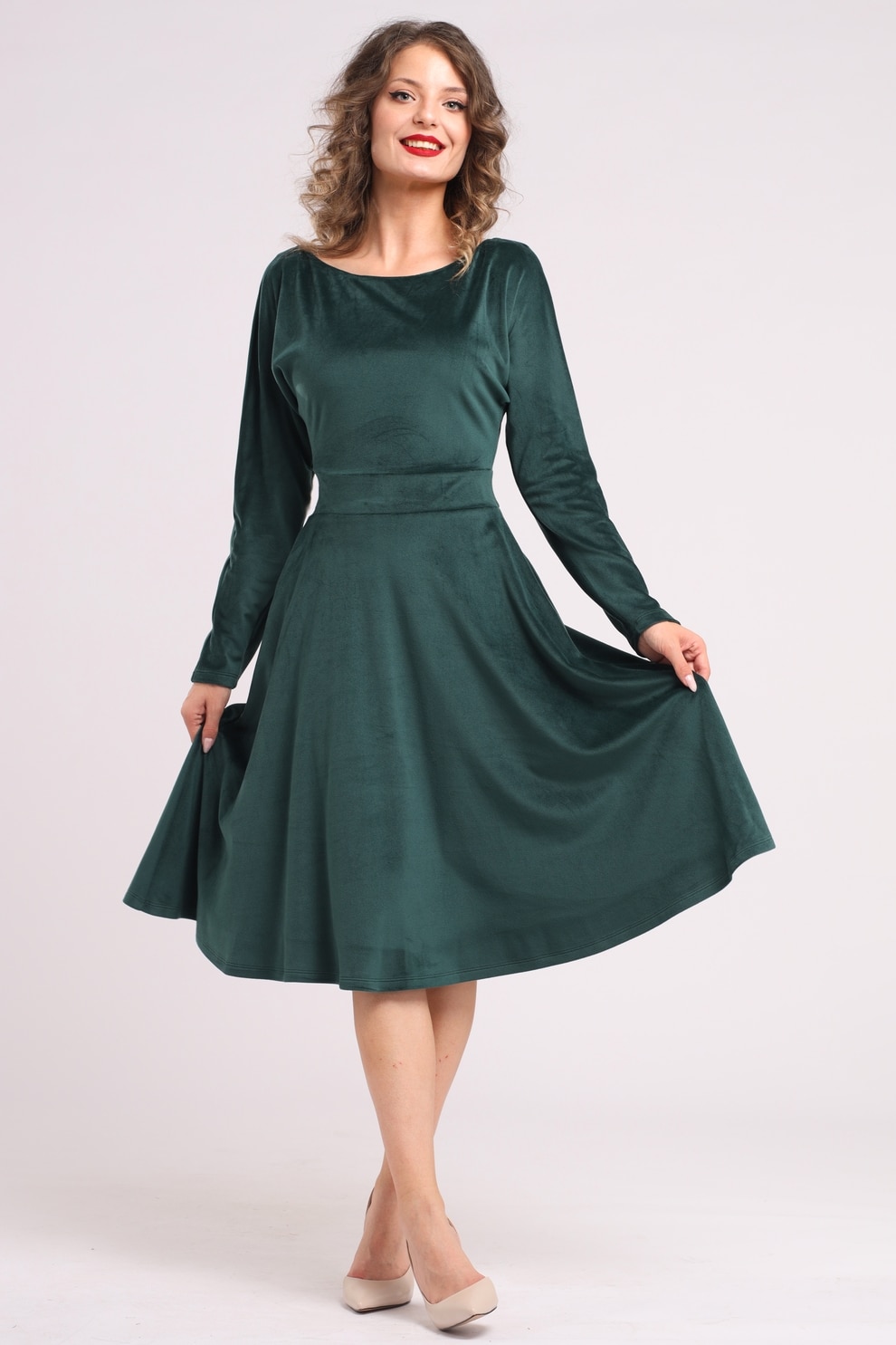 Camissi, Rochie midi cu aspect de catifea, croiala evazata si buzunare laterale, Verde inchis, L-XL