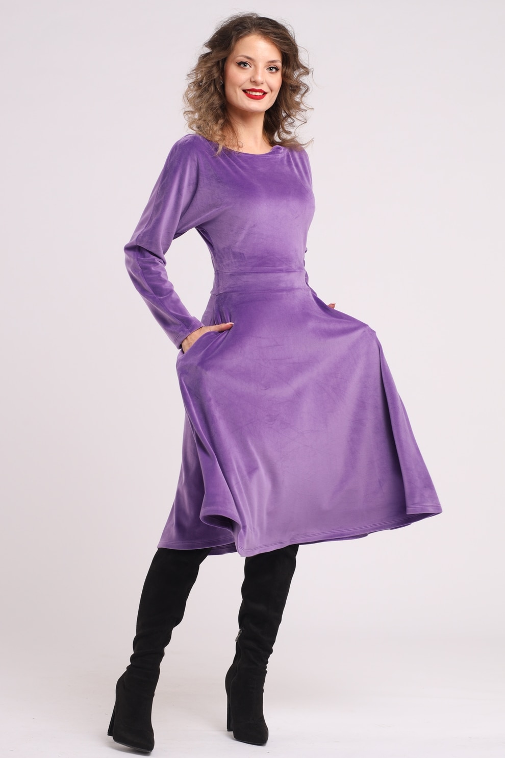 Camissi, Rochie midi cu aspect de catifea, croiala evazata si buzunare laterale, Lila, L-XL