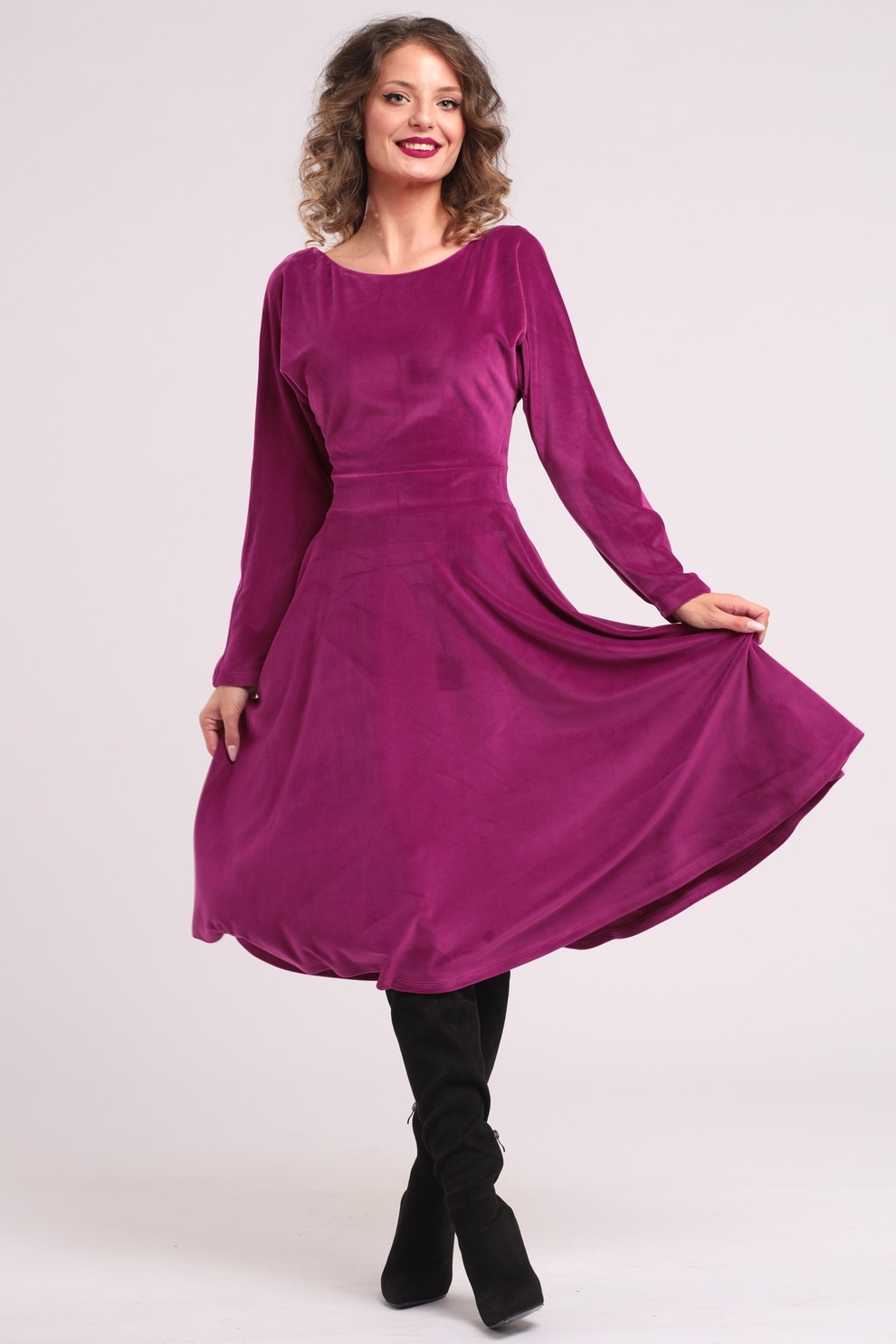 Camissi, Rochie midi cu aspect de catifea, croiala evazata si buzunare laterale, Roz zmeuriu, L-XL