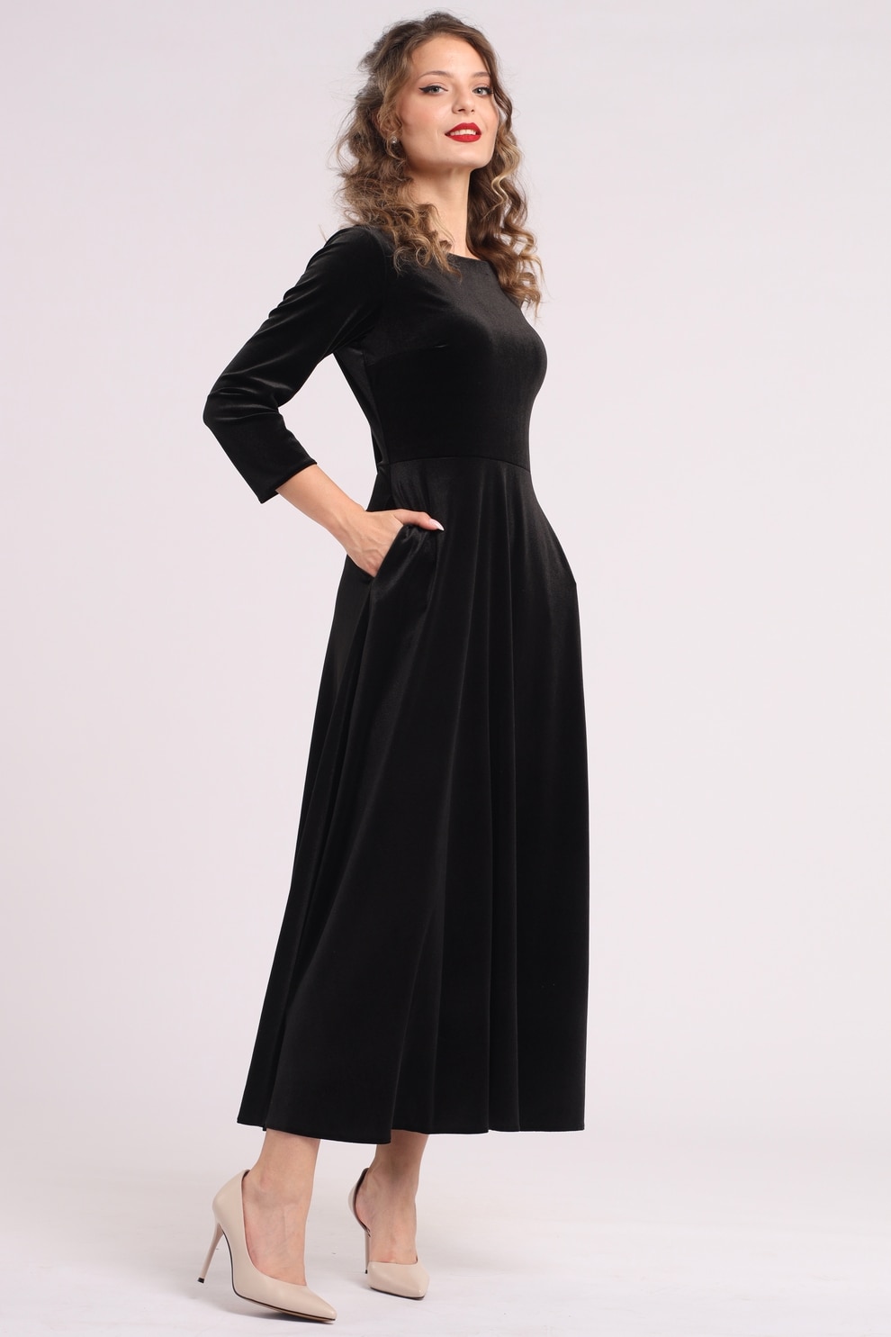 Camissi, Rochie cu aspect de catifea si buzunare laterale, Negru, S-M