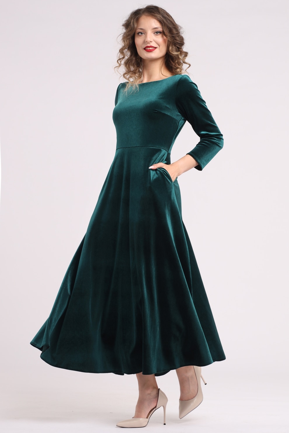 Camissi, Rochie cu aspect de catifea si buzunare laterale, Verde, S-M