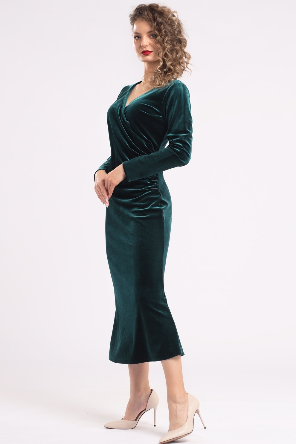 Camissi, Rochie midi cu aspect de catifea si decolteu cache-coeur, Verde, S-M