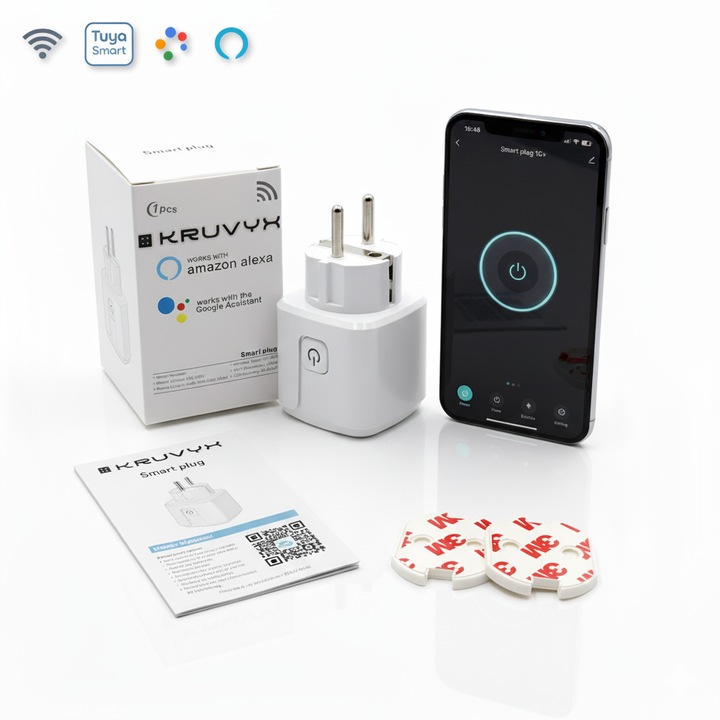 Priza smart KRUVYX® Smart WiFi 16A, 4400W, съвместима с Tuya/Smart Life, гласов контрол Alexa & Google Home, наблюдение на консумацията, програмиране на захранването, включва 3 защити за деца, Бяла