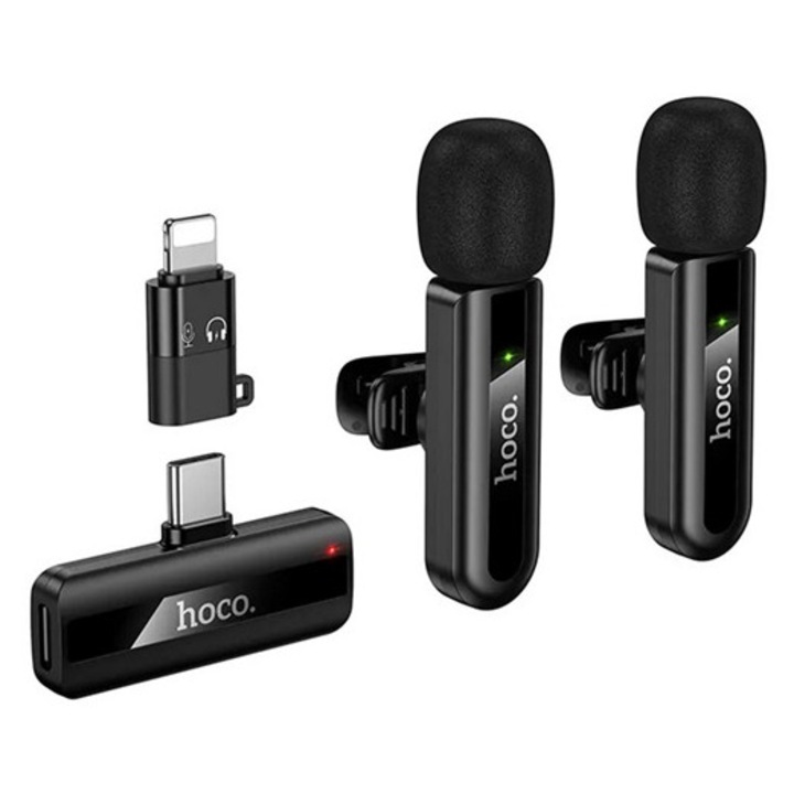 HOCO L20A bluetooth mikrofon 2db, Type-C/Lightning, LAVALIER csíptethető, zajszűrő, fekete