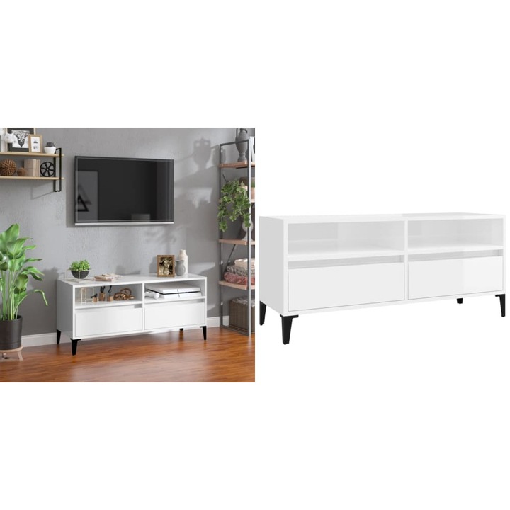 Comoda TV, alb extralucios, 100x34, 5x44, 5 cm, lemn prelucrat