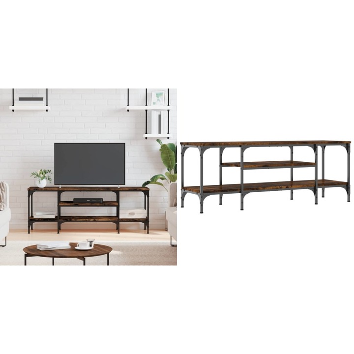 Comoda TV, stejar afumat, 121x35x45 cm, lemn prelucrat & fier