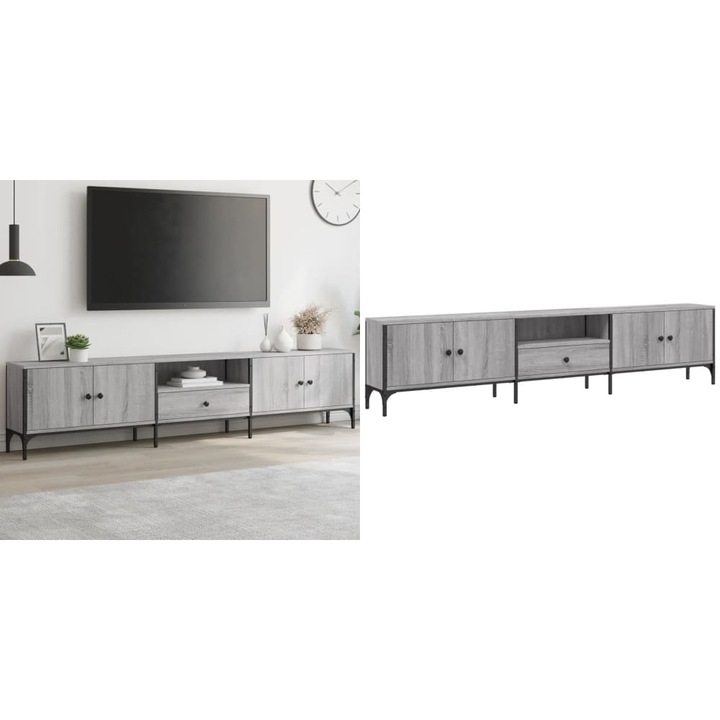 Comoda TV cu sertar, gri sonoma, 200x25x44 cm, lemn prelucrat