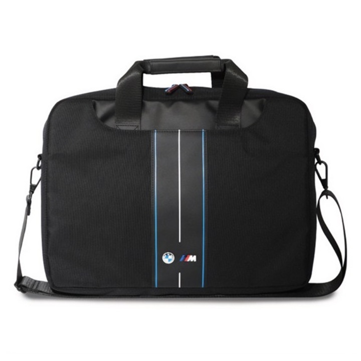 Bmw nylon blue stripes tok fekvő, eco bőr hatású laptop/notebook/tablet, univerzális, 16" méret, fekete