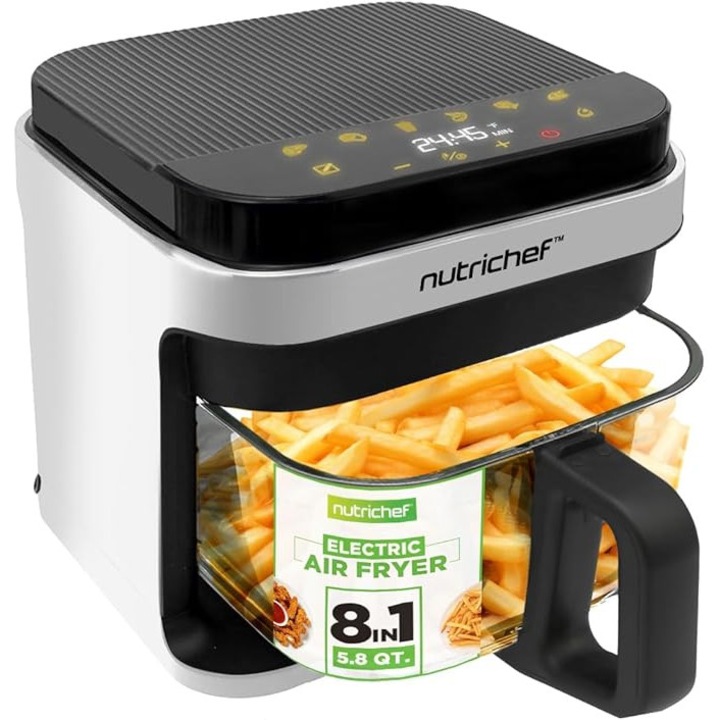 NutriChef – Friteuza cu aer cald 5, 5 L, alba – Friteuza electrica 8-in-1 cu recipient din sticla si afisaj tactil LED – Prajire fara ulei – Circulatie a aerului cald la 360° – Pentru cartofi prajiti, pui, legume si multe altele