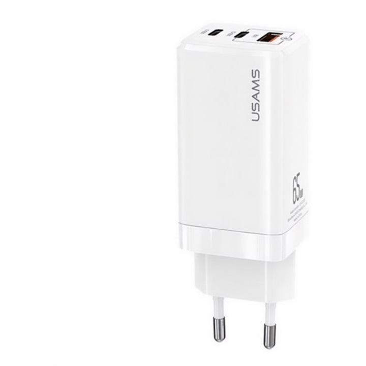Usams mt hálózati töltő 2 type-c+usb aljzat, 65w, gan, pd gyorstöltő 3.0, fehér